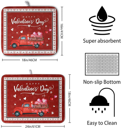 Happy Valentine's Day Dish Drying Mat for Kitchen Red Love Heart Truck Plaid Drying Mats Super Absorbent Dishes Drainer Pad Reversible Microfiber Dish Drying Rack Mat for Kitchen Counter 18x24 Inch - Image 2