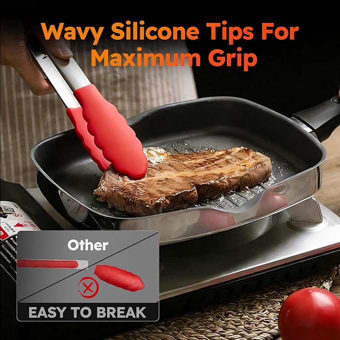 HST 3 Pack Kitchen Tongs, Non Stick Stainless Steel 9 Inch Tongs With Silicone Tip for Cooking BBQ Baking(Red) - Image 6