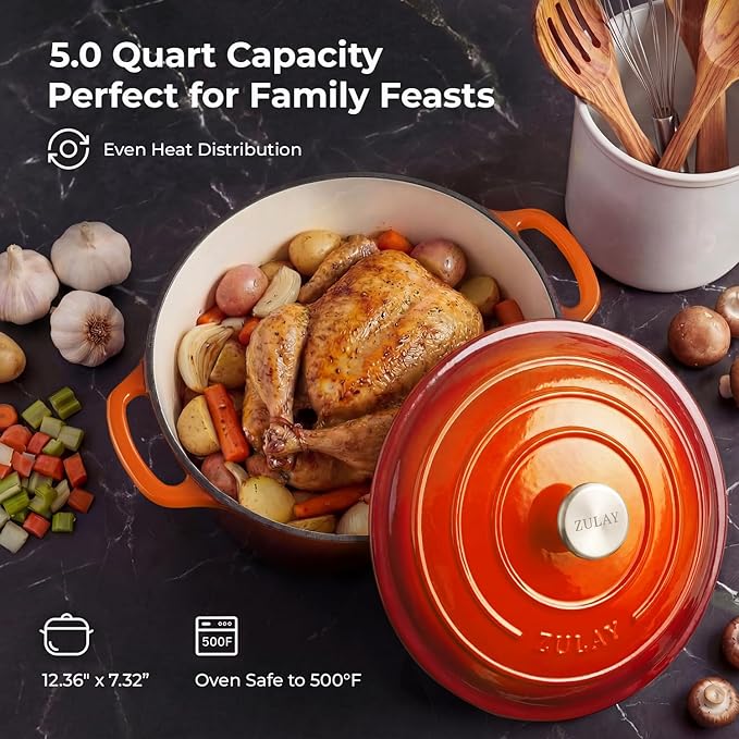 Zulay Kitchen 5 Quart Enameled Cast Iron Dutch Oven Pot with Lid – Premium Durability & Oven Safe up to 500°F – Heavy Duty Cookware Perfect for Bread Baking, Stews, Braising & Roasting – Orange - Image 6