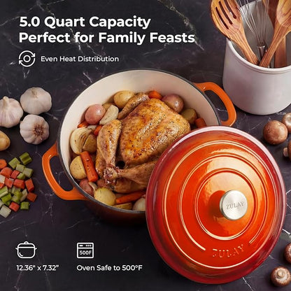 Zulay Kitchen 5 Quart Enameled Cast Iron Dutch Oven Pot with Lid – Premium Durability & Oven Safe up to 500°F – Heavy Duty Cookware Perfect for Bread Baking, Stews, Braising & Roasting – Orange - Image 6