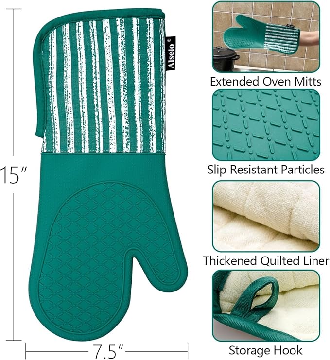 Alselo Silicone Oven Mitts Heat Resistant 932℉ with Waterproof & Non-Slip Kitchen Mittens, Set of 2 Extra Long Oven Gloves with Soft Cotton Terry Lining for Baking Cooking Barbecue (Emerald Green, 2) - Image 2