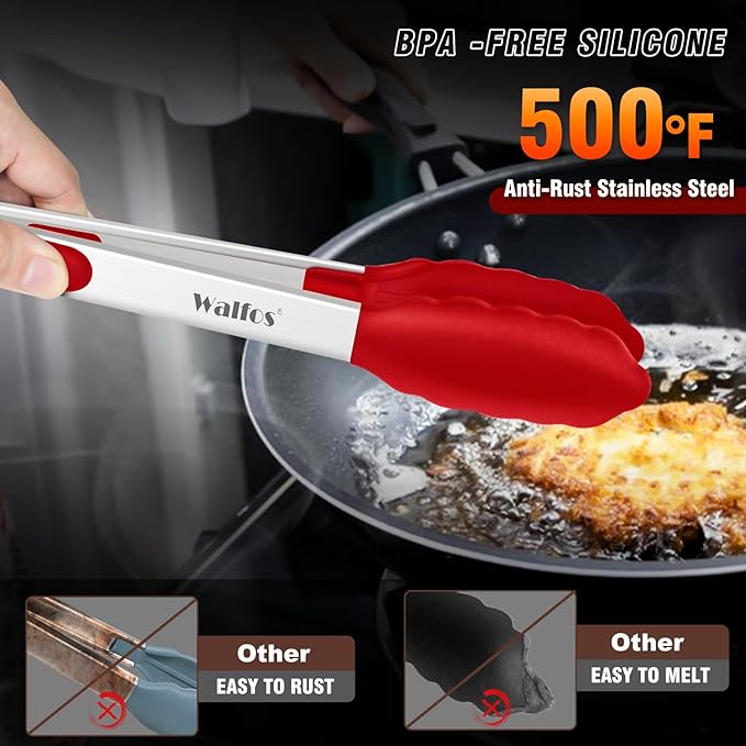 Walfos Silicone Tongs for Cooking - Heat Resistant kitchen tongs for Salad,Cooking, Grilling,Stainless Steel and BPA Free Silicone Tips set of 3 (7" 9" and 12 inch) - Image 3