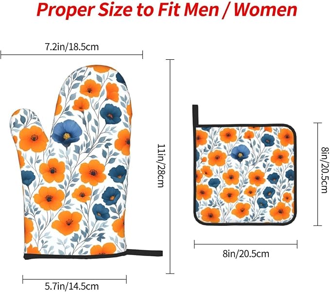 Spring Orange Blue Floral Oven Mitts and Pot Holders Sets of 3, Heat Resistant Non-Slip Burnt Orange Navy Flowers Kitchen Gloves Hot Pads for Cooking BBQ Grilling, Chef Baking Gifts for Women Baker - Image 9