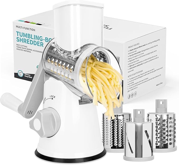 X Home Rotary Cheese Grater for Kitchen, Shredder with 3 Interchangeable Blades, Rotary Grater with Handle and Strong Suction Base, for Vegetables, Fruit, Nuts, Easy to Use and Clean, White by XHome
