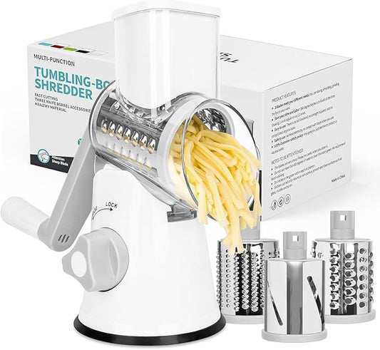 X Home Rotary Cheese Grater for Kitchen, Shredder with 3 Interchangeable Blades, Rotary Grater with Handle and Strong Suction Base, for Vegetables, Fruit, Nuts, Easy to Use and Clean, White by XHome