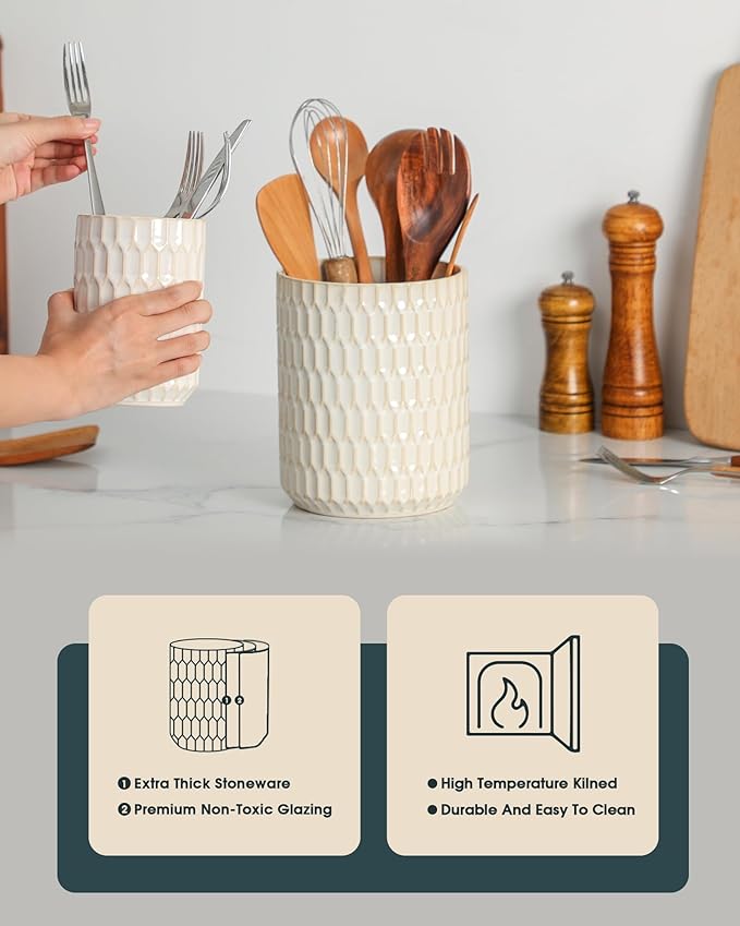 Utensil Holder, 7.5"+5.3" Ceramic Kitchen Utensil Holder for Countertop, Large Cooking Utensil Crock for Kitchen Counter, Set of 2, Beige - Image 7