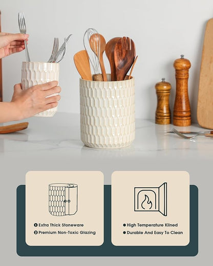 Utensil Holder, 7.5"+5.3" Ceramic Kitchen Utensil Holder for Countertop, Large Cooking Utensil Crock for Kitchen Counter, Set of 2, Beige - Image 7