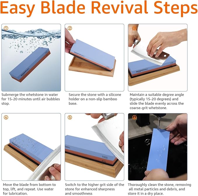 Amazon Basics Dual Sided Whetstone Knife Sharpening Stone 400/1000 Grit with Angle Guide, Non-Slip Bamboo Base, Black & Grey