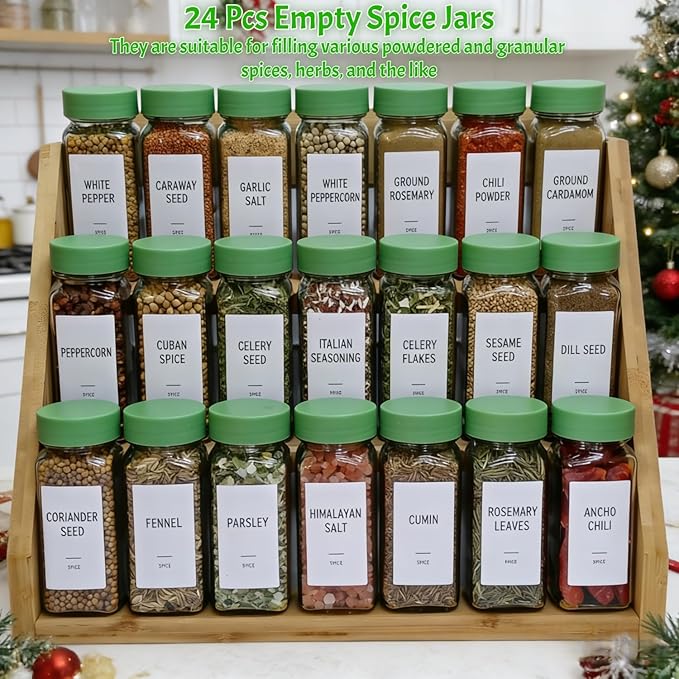 Spice Jars with Labels - 24 Glass Spice with Shaker Lids & Airtight Plastic Caps - 4oz Complete Seasoning Containers Organizer Set for Cabinet, Drawer & Rack (Green) - Image 2