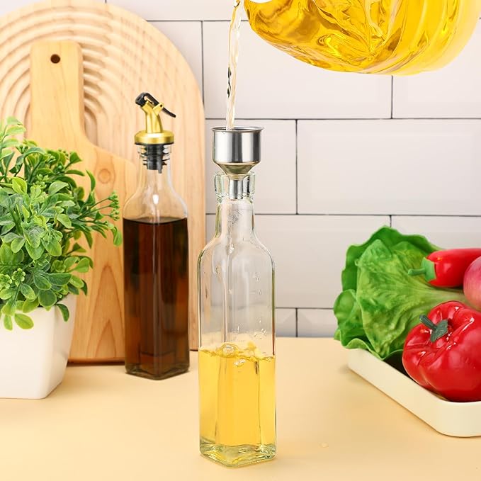 Hushee 12 Pcs Clear Glass Olive Oil Dispenser Bottles Sets Include 8oz Glass Bottle with Spout Oil Vinegar Cruet Container for Kitchen Stainless Steel Funnel Black Labels with White Pen(Gold) - Image 5