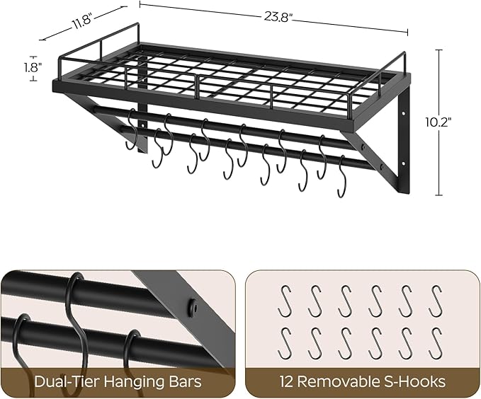 YATINEY Wall Mounted Pot Rack, 23.8 Inch Pot and Pan Organizer with 2 Tier Hanging Rails, 12 S-Hooks, Metal Pot Rack for Kitchen Cookware Organizer, Space Saving, for Kitchen Utensils, Black PR01BK - Image 3
