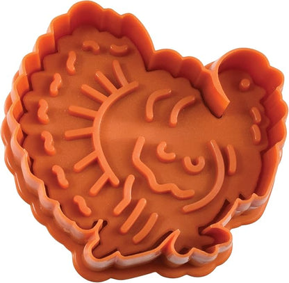 R&M Autumn Theme Pastry & Cookie Stamper set of 4. Assorted Designs & Colors, Turkey, Acorn, Pumpkin, Oak leaf. 2 Inch Assorted Color Cookie Cutters
