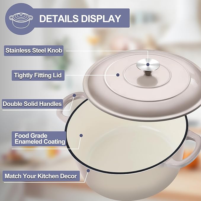 TeamFar Dutch Oven, 6QT Enameled Cast Iron Dutch Oven Cooking Pot with Lid & Dual Handles, for Bread Baking Braising Stewing, Heavy Duty & Non Stick, Oven & All Stovetops Safe - Khaki - Image 3