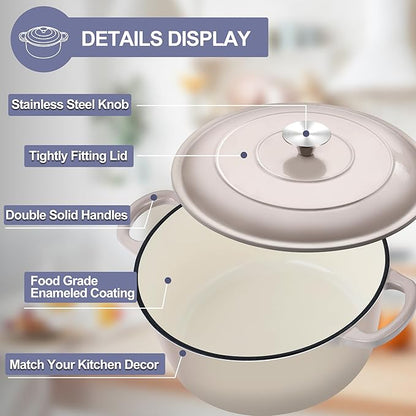 TeamFar Dutch Oven, 6QT Enameled Cast Iron Dutch Oven Cooking Pot with Lid & Dual Handles, for Bread Baking Braising Stewing, Heavy Duty & Non Stick, Oven & All Stovetops Safe - Khaki - Image 3