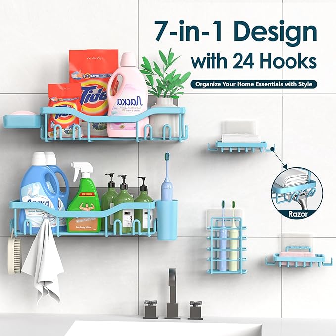 NESOMI Shower Caddy Adhesive Shower Organizer 7-Pack, Rustproof Stainless Steel Bathroom Shelves, Large Capacity No-Drill Rack Storage Accessories with Soap Dish Toothbrush Holder Hooks - Image 7