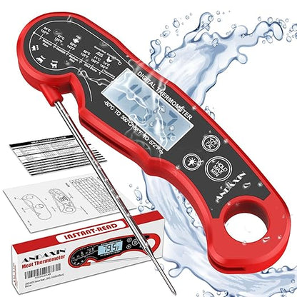 Meat Thermometer Digital for Grilling and Cooking - ANDAXIN Waterproof Ultra-Fast Instant Read Food thermometers with Backlight & Calibration for Kitchen, Deep Fry, BBQ, Grill(Red/Black), LCD by ANDAXIN