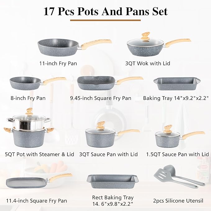 DishDelight 17 Piece Pots and Pans Set Non Stick, Granite Nonstick Cookware Set, Induction Cookware and Bakeware Set, Nonstick Kitchen Cookware Set, Gray - Image 7