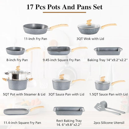 DishDelight 17 Piece Pots and Pans Set Non Stick, Granite Nonstick Cookware Set, Induction Cookware and Bakeware Set, Nonstick Kitchen Cookware Set, Gray - Image 7