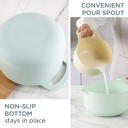 COOK WITH COLOR Nesting Plastic Mixing Bowl Set with Pour Spouts and Handles, Ombre Mint, 4 Piece Non-Slip - Image 3