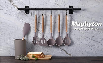 Mapthon Silicone Cooking Kitchen Utensils Set 6 PCS with Wooden Handle for Non-Sticker Cookware Heat-Resistant Kitchen Gadgets Serving Spoons, Slotted Turner, Spatula, Spaghetti Server(Grey)