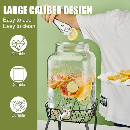 2 Gallon Beverage Dispenser with Stand and Lid, 18/8 Stainless Steel Spigot - Mason Jar Drink Dispensers with Lids, Glass Drink Dispensers for Parties