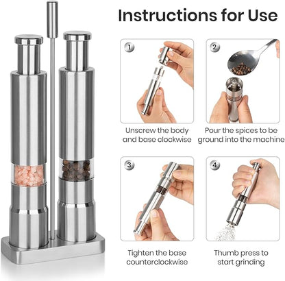 Salt and Pepper Grinder Set,Small Stainless Steel Manual Salt Grinder,Thumb Refillable Mini Salt Grinders Shakers With Base For Kitchen, Home, Travel, Camping, Cooking(Silvery)