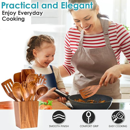 HOWHONG Wooden Spoons for Cooking, Premium Acacia Wood Kitchen Utensil Set, Handmade Wooden Utensils for Nonstick Cookware, Heat Resistant, Smooth Finish, Comfortable Grip, with Holder, Gift Ready - Image 5