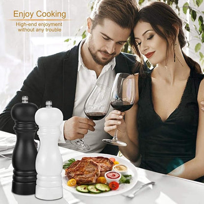 Premium Salt and Pepper Grinder Set of 2, Wood Salt and Pepper Shakers with Ceramic Core, Refillable Manual Sea Salt Pepper Mill Adjustable Coarseness for Spice/Chili/Sesame, 6.5 Inch (Black+White)