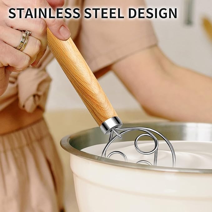 TEEVEA Danish Dough Whisk for Bread Sourdough, Wooden Handle & Stainless Steel Hook - Image 5
