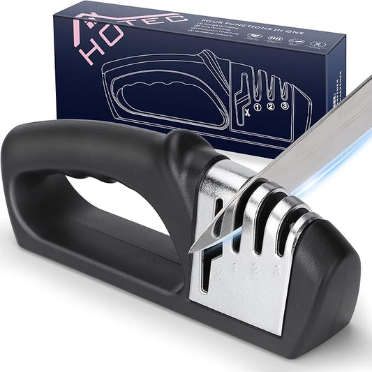 HOTEC 4in1 Knife Sharpener, 3 Stage Manual Sharpener for Sharpening Kitchen Knives 1 Stage for Scissors- Ceramic Stone, Tungsten Carbide Plates, Diamond rods by Hotec