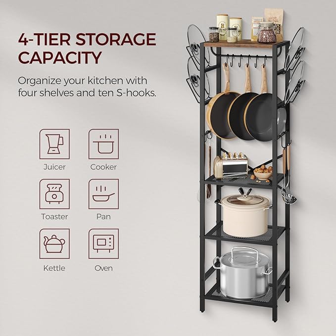 MAHANCRIS 4-Tier Pot Rack, Pots and Pans Organizer for Kitchen, Lid Organizer Rack with U-Shaped Lid Holders, Kitchen Storage Shelf for Standing Cookware, Rustic Brown and Black POHR3001 - Image 5