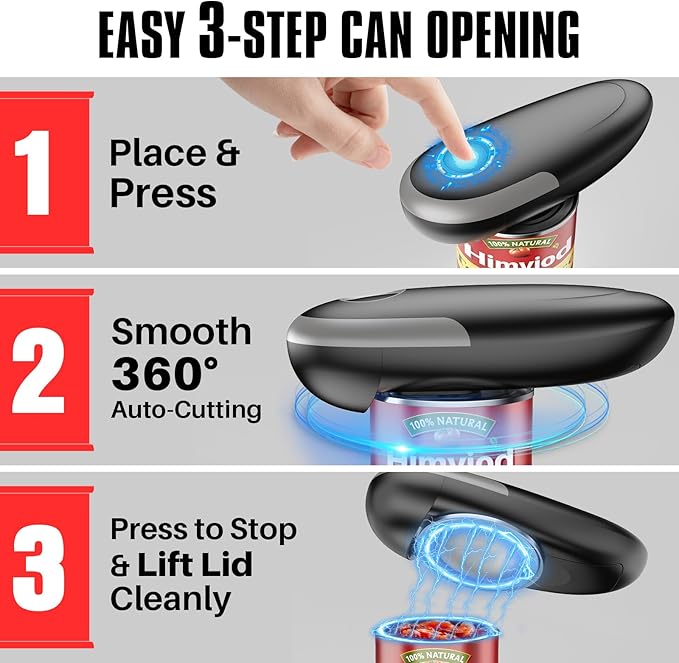 Electric Can Opener, One-Touch Automatic Can Opener for Seniors with Arthritis, Smooth Edge, Hands-Free, Battery Powered, Portable & Compact, Food Safe Electric Can Openers for Kitchen (Gray) - Image 3