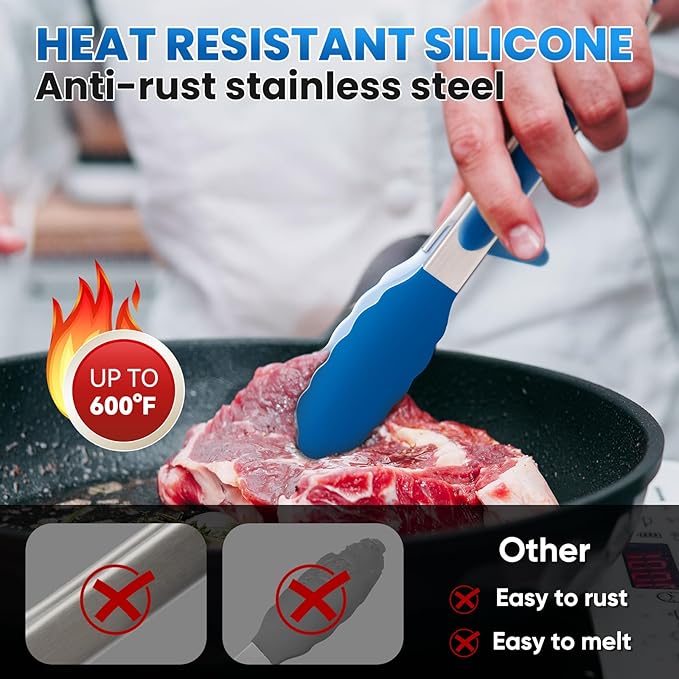 5-Pack Silicone Tongs for Cooking,Maywe Tanso 4PCS 13-Inch Kitchen Tongs with Silicone Tips,Nonstick Stainless Steel Tong for Steak Pie Pizza Pasta Spaghetti Salad BBQ Buffet,Plus Brush - Image 2