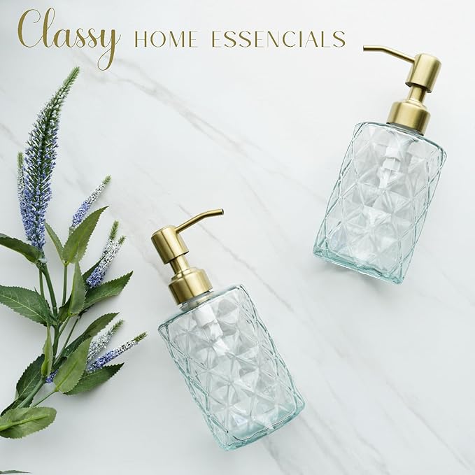 JASAI Diamond Design Glass Soap Dispenser with Golden Pump, Refillable Hand soap Dispenser for Kitchen, Soap Dispenser Bathroom for Soap, Hand soap, Dish Soap, Lotion. - Image 6