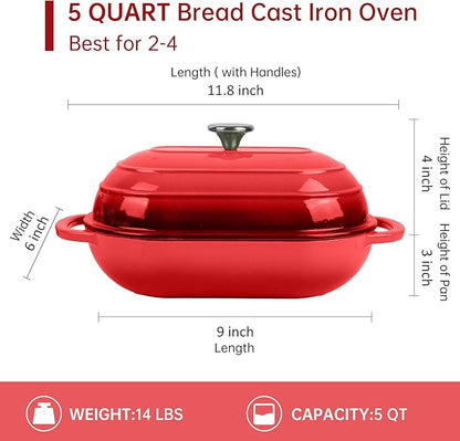 Premium Enameled Cast Iron Dutch Oven for Bread Baking | Non-Stick 5QT Oval Bread Oven with Lid | Perfect for Sourdough, Loaf, and Artisan Baking (Oval Red, 5 QT)