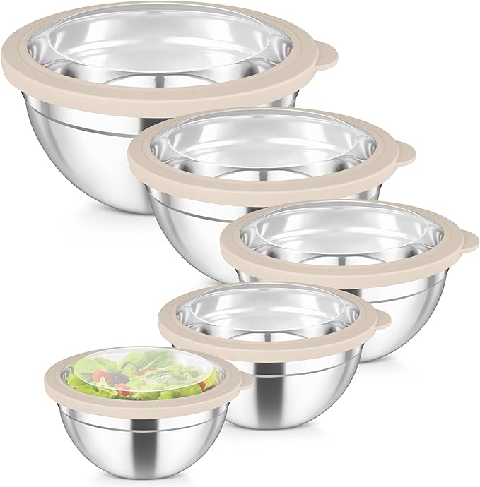 TeamFar Mixing Bowls, 4.5/3/1.5/1/0.7 QT Stainless Steel Nesting Salad Bowls with Visible Lids, For Serving/Mixing/Storing, Non-Toxic & Heavy Duty, Airtight & Easy Clean, Khaki, Set of 5 by TeamFar