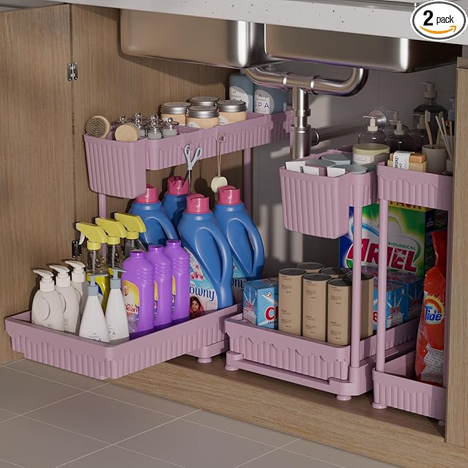 Sevenblue 3 Pack Multi-Purpose Under Sink Organizers and Storage, 2026 L-Shaped Pull Out Cabinet Organizer for Bathroom & Kitchen, Under Cabinet Organizer with Hooks Hanging Cup (Pink, 14.85 inch) by Sevenblue