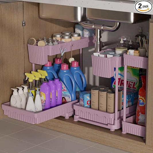 Sevenblue 3 Pack Multi-Purpose Under Sink Organizers and Storage, 2026 L-Shaped Pull Out Cabinet Organizer for Bathroom & Kitchen, Under Cabinet Organizer with Hooks Hanging Cup (Pink, 14.85 inch) by Sevenblue