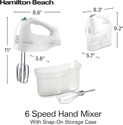 Hamilton Beach 6-Speed Electric Hand Mixer with Whisk,Traditional Beaters,Snap-On Storage Case,250 Watts,White,(Pack of 2)