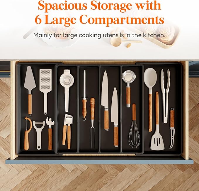 Lifewit Utensil Organizer for Kitchen Drawers, Expandable Cooking Utensil Tray, Adjustable Cutlery Silverware Flatware Holder, Plastic Spatula Tools Storage Divider, 18- 30 x 18.5", Black - Image 4