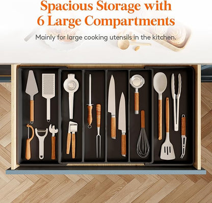 Lifewit Utensil Organizer for Kitchen Drawers, Expandable Cooking Utensil Tray, Adjustable Cutlery Silverware Flatware Holder, Plastic Spatula Tools Storage Divider, 18- 30 x 18.5", Black - Image 4