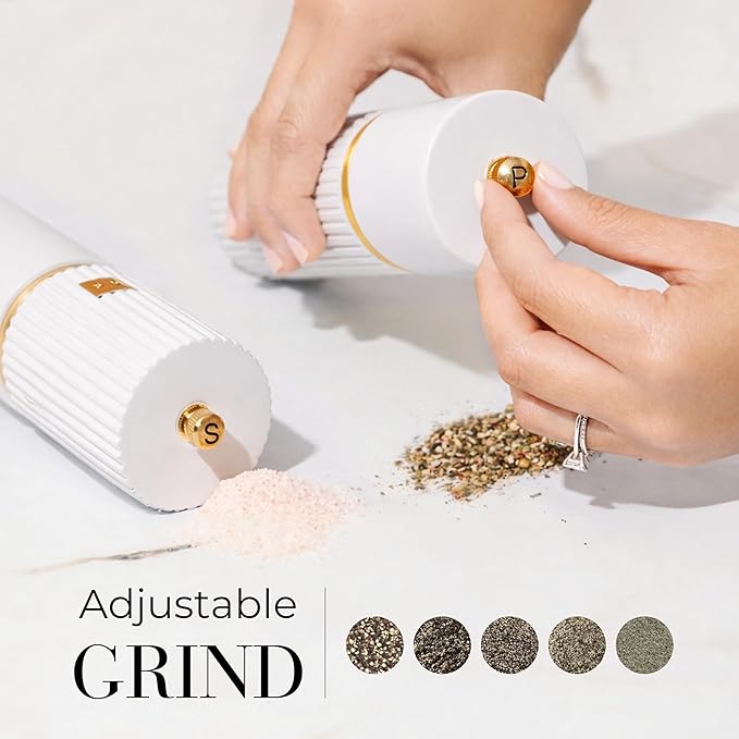 Wooden Salt and Pepper Grinder Set – Refillable Manual Salt and Pepper Mills with Adjustable Ceramic Burrs, Gold Detailing, and Wood Stand – White - Image 2