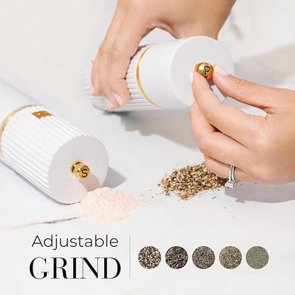 Wooden Salt and Pepper Grinder Set – Refillable Manual Salt and Pepper Mills with Adjustable Ceramic Burrs, Gold Detailing, and Wood Stand – White - Image 2