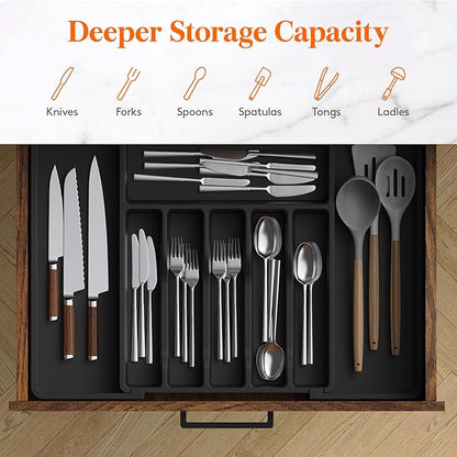 Lifewit Silverware Drawer Organizer, Expandable Utensil Tray for Kitchen, BPA Free Flatware and Cutlery Holder, Adjustable Plastic Storage for Spoons Forks Knives, 33 -57 x 42cm, Black - Image 4