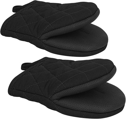 1 Pair Short Oven Mitts - Silicone Kitchen Oven Gloves High Heat Resistant 500℉, Mini Oven Mits with Non-Slip Grip Surfaces and Hanging Loop for BBQ, Baking, Cooking and Grilling (Black) by Qulable