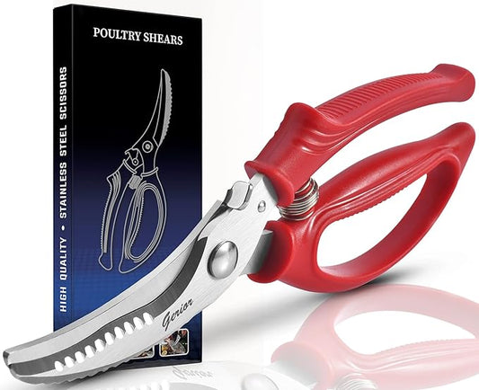 Heavy Duty Poultry Shears - Kitchen Scissors for Cutting Chicken, Poultry, Game, Meat - Chopping Vegetable - Spring Loaded - Red
