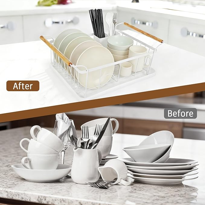 Dish Racks for Kitchen Counter, Thickened Metal Dish Drying Rack with Wooden Handles, Kitchen Countertop Organizer for Dishes, Spoons and Forks, No Assembly, White, 18.7''*12.6''*5.51'' - Image 6