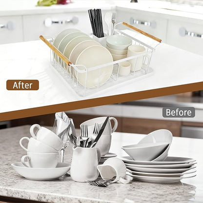 Dish Racks for Kitchen Counter, Thickened Metal Dish Drying Rack with Wooden Handles, Kitchen Countertop Organizer for Dishes, Spoons and Forks, No Assembly, White, 18.7''*12.6''*5.51'' - Image 6