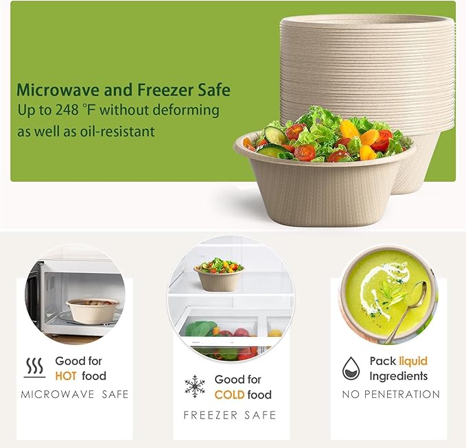 Homestockplus 48 Oz Disposable Bowls - Heavy Duty and Compostable Bowl - Made from Sugarcane and Bamboo Fibers, Microwave Safe - Large Paper Bowl for Soup, Salad, Ramen, Popcorn, etc. [50 Pack] - Image 7