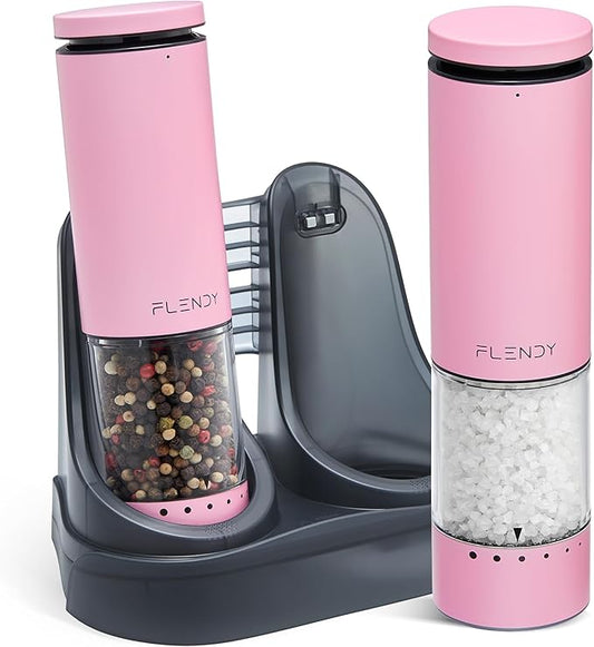 Flendy Electric Salt and Pepper Grinder Set Rechargeable, Automatic Salt and Pepper Grinder Set with Oversized Top Button, Stainless Steel Electric Salt and Pepper Shakers Set